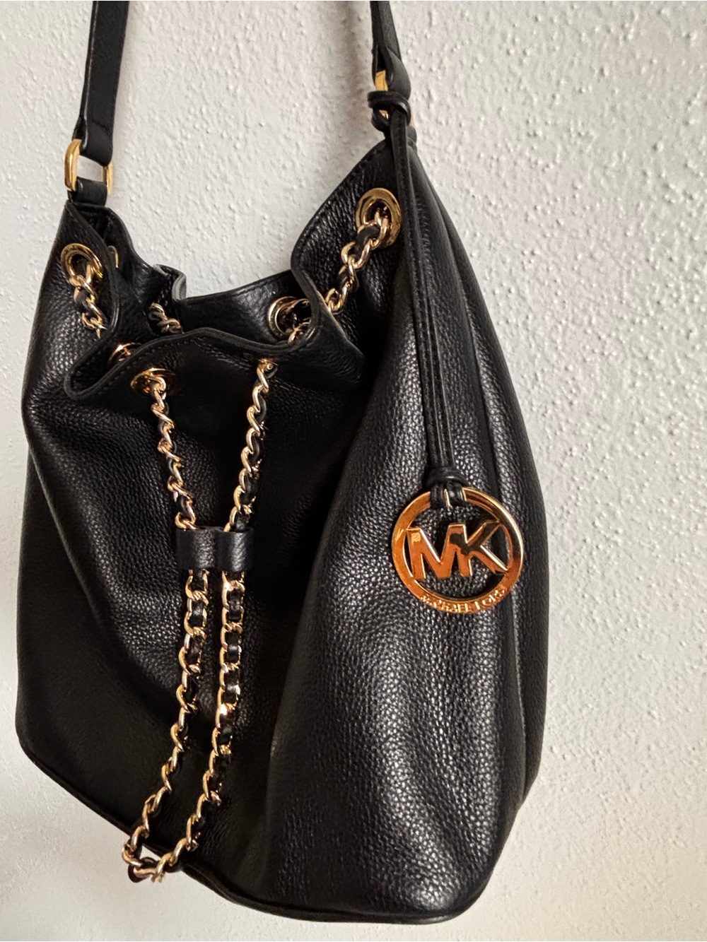 Michael Kors Black Pebbled Leather Drawstring Hobo Purse with Gold Hardware